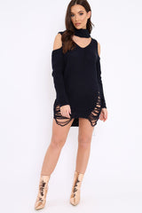 Navy Knitted Cut Out Front Cold Shoulder Distressed Jumper Dress - Jamie-Dresses