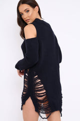 Navy Knitted Cut Out Front Cold Shoulder Distressed Jumper Dress - Jamie-Dresses