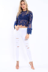 Navy Lace Blouse with Scalloped Hems and Mesh Flared Arms - Kari-Tops
