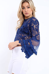 Navy Lace Blouse with Scalloped Hems and Mesh Flared Arms - Kari-Tops