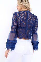 Navy Lace Blouse with Scalloped Hems and Mesh Flared Arms - Kari-Tops