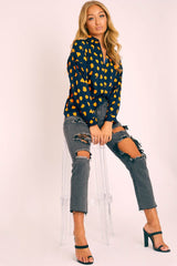 Navy Orange Polka Button Up Shirt - Harlin-Shirts