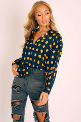 Navy Orange Polka Button Up Shirt - Harlin-Shirts