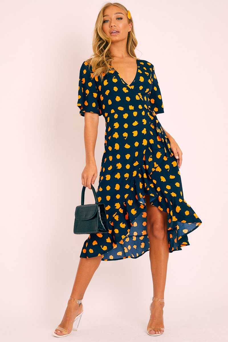 Navy Orange Polka Wrap Midi Dress - Georgeanna-Dresses