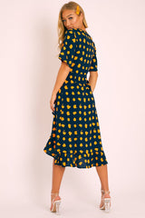 Navy Orange Polka Wrap Midi Dress - Georgeanna-Dresses