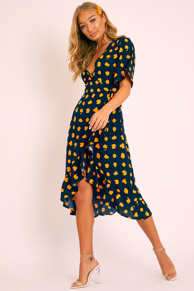 Navy Orange Polka Wrap Midi Dress - Georgeanna-Dresses
