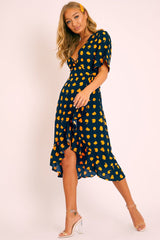 Navy Orange Polka Wrap Midi Dress - Georgeanna-Dresses