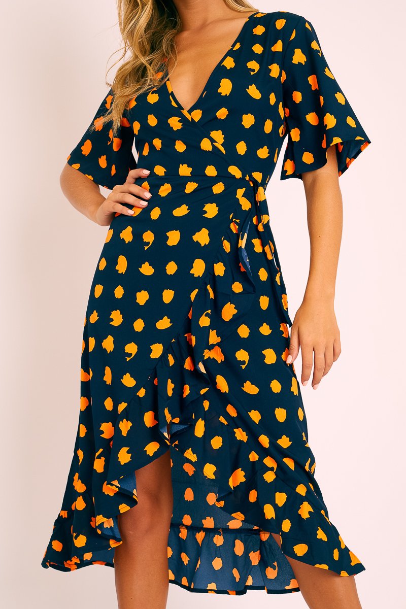Navy Orange Polka Wrap Midi Dress - Georgeanna-Dresses