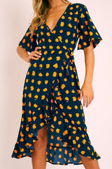 Navy Orange Polka Wrap Midi Dress - Georgeanna-Dresses