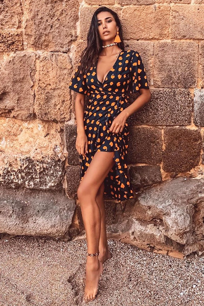 Navy Orange Polka Wrap Midi Dress - Georgeanna-Dresses