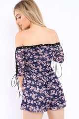 Navy Oriental Print Eyelet Lace Up Playsuit - Suzannah-Playsuits