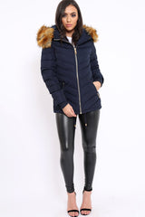 Navy Padded Coat With Faux Fur Trim Hood - Jocelyn-Coats