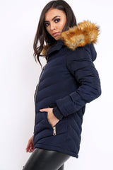 Navy Padded Coat With Faux Fur Trim Hood - Jocelyn-Coats