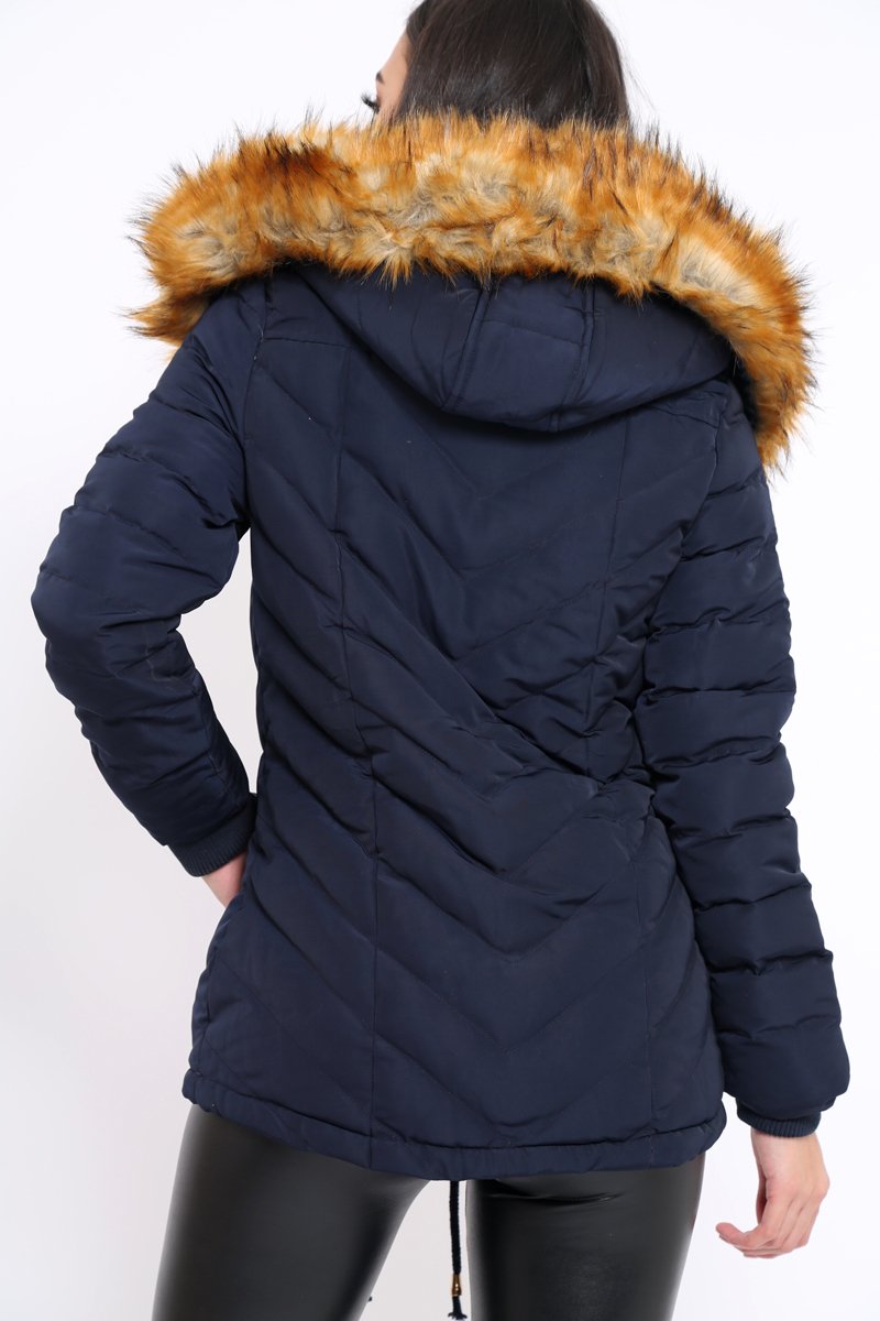 Navy Padded Coat With Faux Fur Trim Hood - Jocelyn-Coats