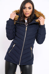 Navy Padded Coat With Faux Fur Trim Hood - Jocelyn-Coats
