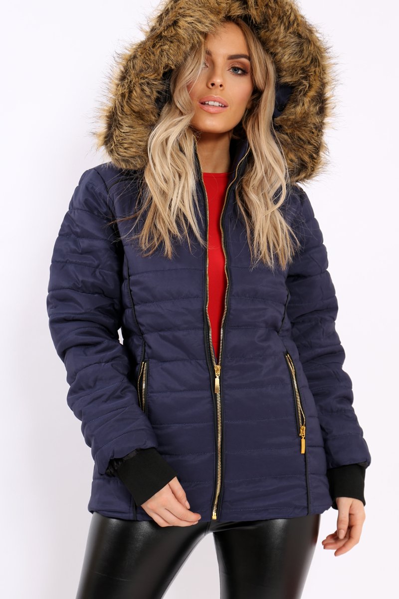 Navy Padded Coat with Fur Hood - Francesca-Coats