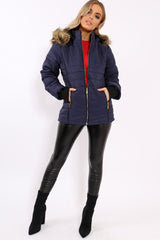 Navy Padded Coat with Fur Hood - Francesca-Coats