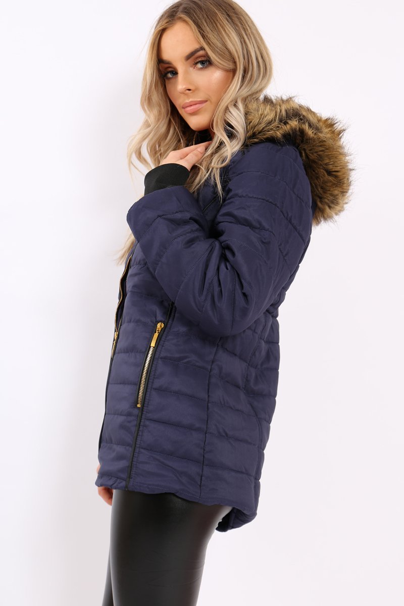 Navy Padded Coat with Fur Hood - Francesca-Coats