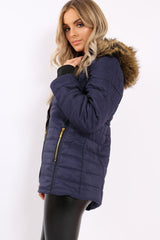 Navy Padded Coat with Fur Hood - Francesca-Coats
