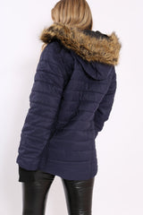 Navy Padded Coat with Fur Hood - Francesca-Coats