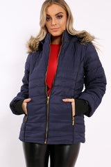 Navy Padded Coat with Fur Hood - Francesca-Coats