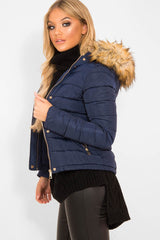 Navy Padded Coat with Fur Trim Hood - Helena-Coats