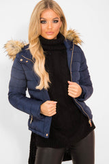 Navy Padded Coat with Fur Trim Hood - Helena-Coats