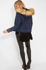 Navy Padded Coat with Fur Trim Hood - Helena-Coats