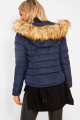 Navy Padded Coat with Fur Trim Hood - Helena-Coats