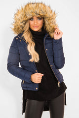 Navy Padded Coat with Fur Trim Hood - Helena-Coats
