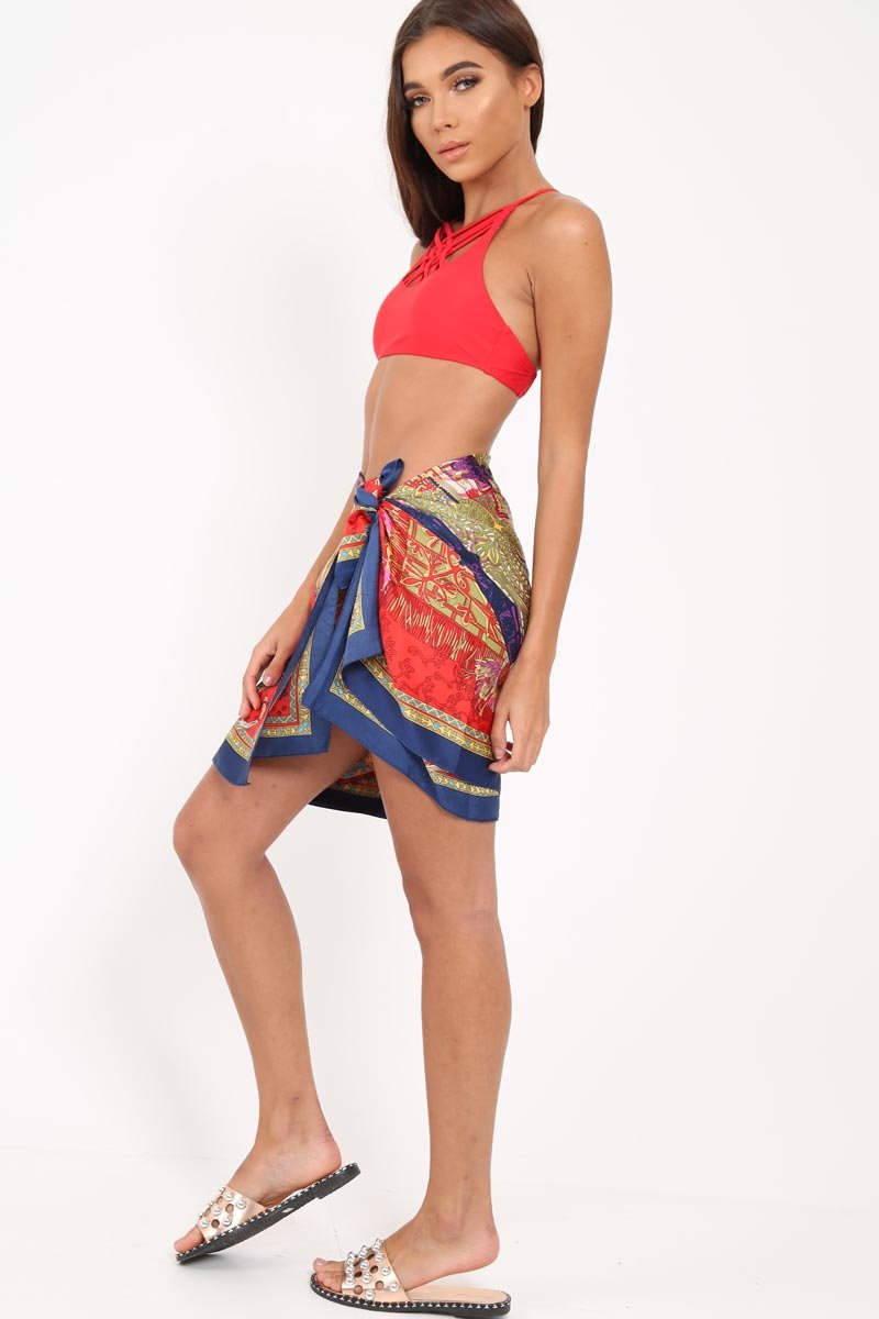 Navy Patterned Multi Way Scarf Cover Up - Jannely-Tops