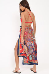 Navy Patterned Multi Way Scarf Cover Up - Jannely-Tops