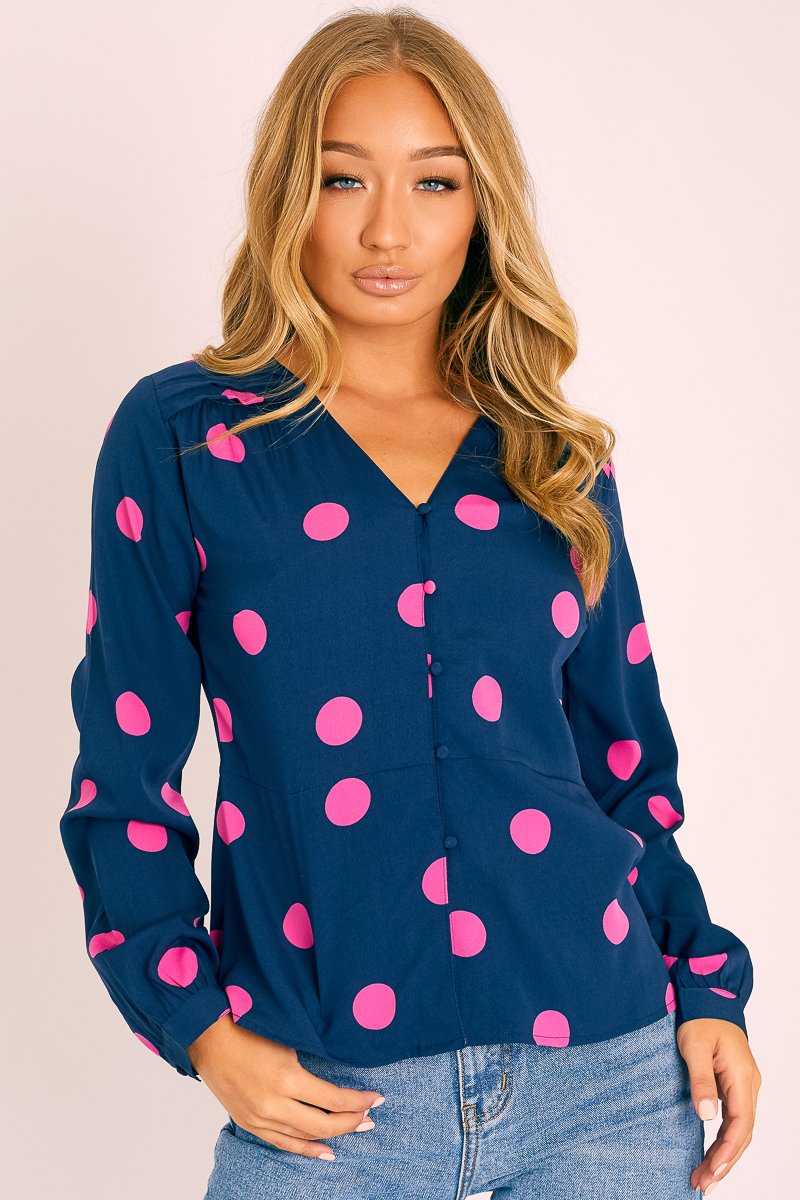 Navy Pink Polka Dot Button Up Plunge Neck Blouse - Penny-Blouse