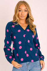 Navy Pink Polka Dot Button Up Plunge Neck Blouse - Penny-Blouse