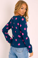 Navy Pink Polka Dot Button Up Plunge Neck Blouse - Penny-Blouse