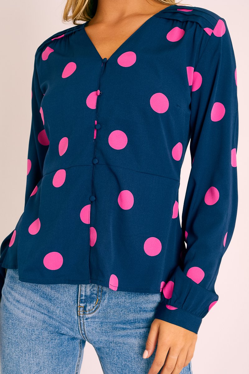 Navy Pink Polka Dot Button Up Plunge Neck Blouse - Penny-Blouse
