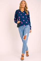 Navy Pink Polka Dot Button Up Plunge Neck Blouse - Penny-Blouse