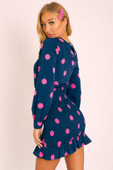 Navy Pink Polka Dot Ruched Shirt Top Dress - Jaila-Tops