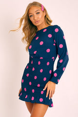 Navy Pink Polka Dot Ruched Shirt Top Dress - Jaila-Tops