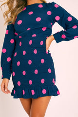 Navy Pink Polka Dot Ruched Shirt Top Dress - Jaila-Tops