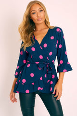 Navy Pink Polka Wrap Belted Blouse - Isha-Blouse