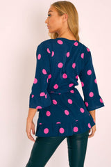 Navy Pink Polka Wrap Belted Blouse - Isha-Blouse