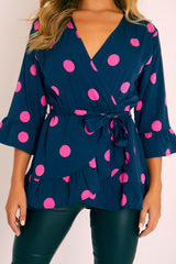 Navy Pink Polka Wrap Belted Blouse - Isha-Blouse