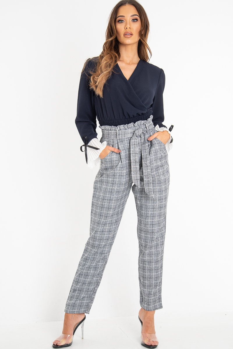 Navy Plunge Shirred Waist Pleated Sleeve Blouse - Skylar-Blouse