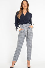 Navy Plunge Shirred Waist Pleated Sleeve Blouse - Skylar-Blouse