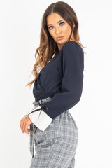 Navy Plunge Shirred Waist Pleated Sleeve Blouse - Skylar-Blouse
