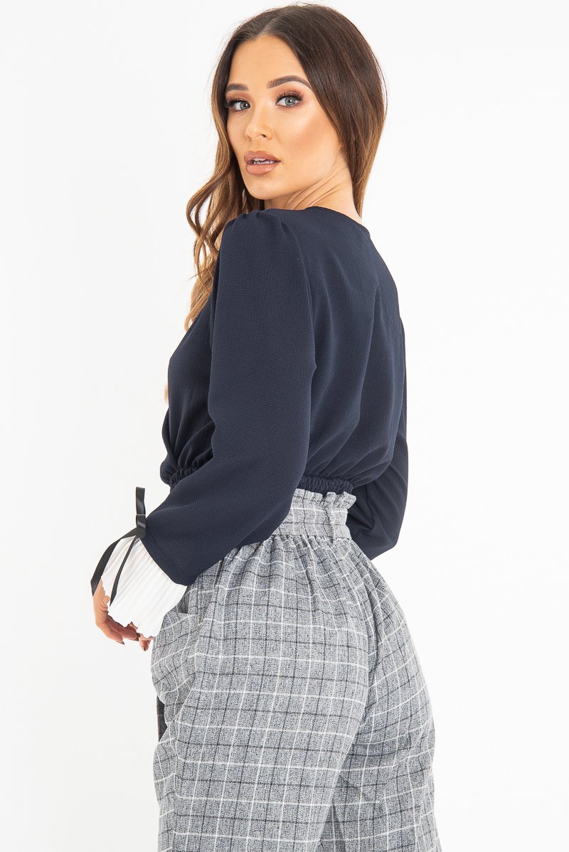 Navy Plunge Shirred Waist Pleated Sleeve Blouse - Skylar-Blouse