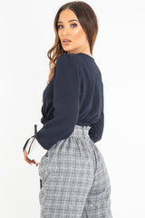 Navy Plunge Shirred Waist Pleated Sleeve Blouse - Skylar-Blouse