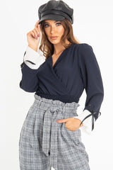 Navy Plunge Shirred Waist Pleated Sleeve Blouse - Skylar-Blouse