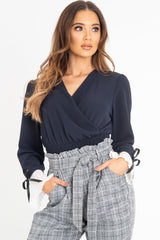Navy Plunge Shirred Waist Pleated Sleeve Blouse - Skylar-Blouse